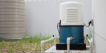 „Moja Woda” - Jak ochronić zasoby wodne w Polsce? - Wiadomości Stacja pompy wodnej z automatycznym systemem na zewnątrz domu.